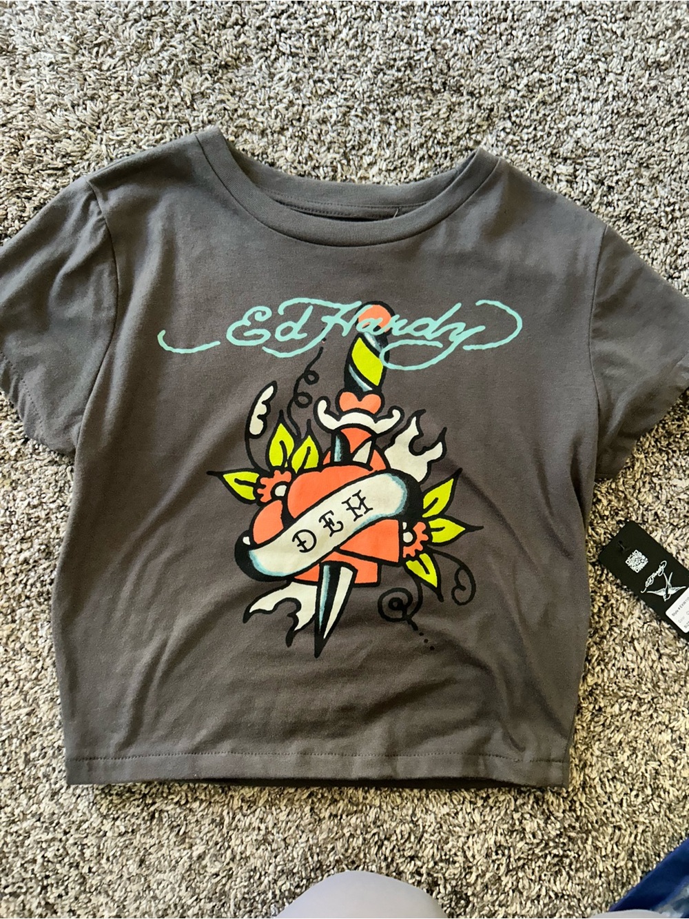 Ed Hardy womens Gray Graphic Tee with Heart & Dagger Design